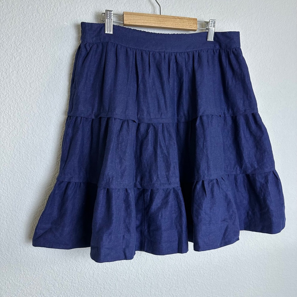 Soft Surroundings Navy Blue Linen Blend Tiered Ruffle Mini Skirt Petite Medium